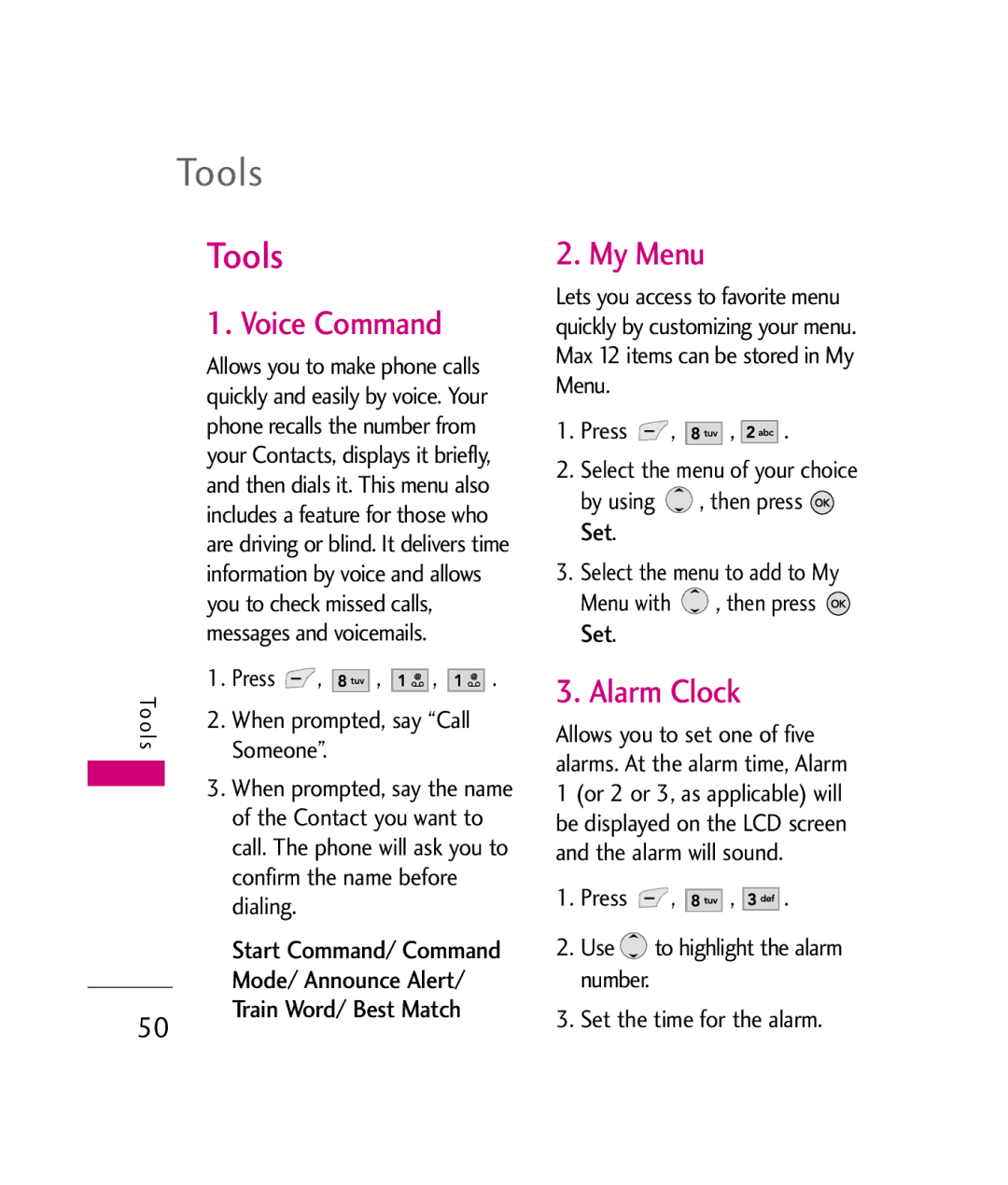 LG Electronics UX380 manual Tools, Voice Command, My Menu, Alarm Clock, Mode/ Announce Alert Train Word/ Best Match 