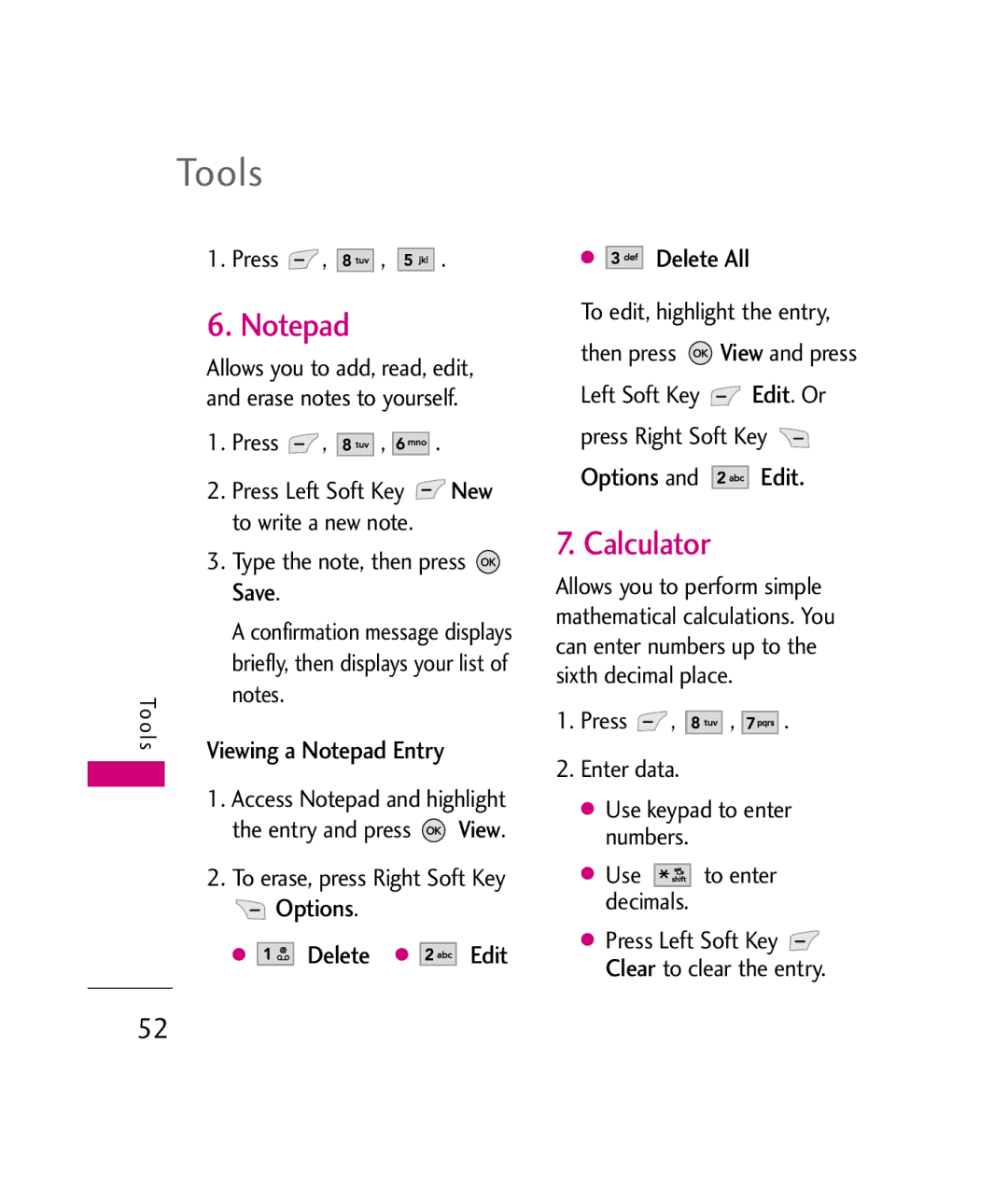 LG Electronics UX380 manual Calculator, Viewing a Notepad Entry, Options Delete Edit Delete All, Options and Edit 