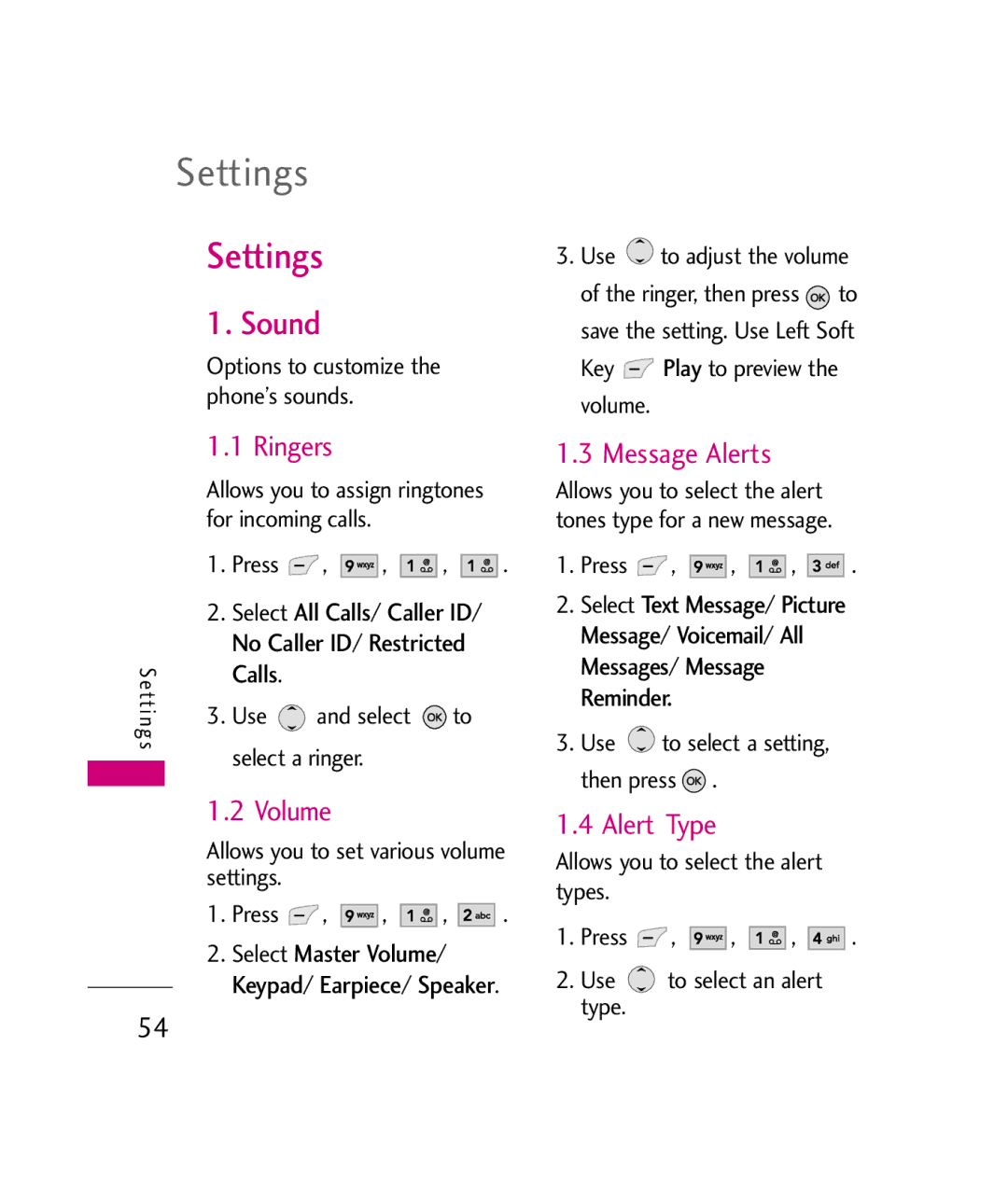 LG Electronics UX380 manual Settings, Sound 