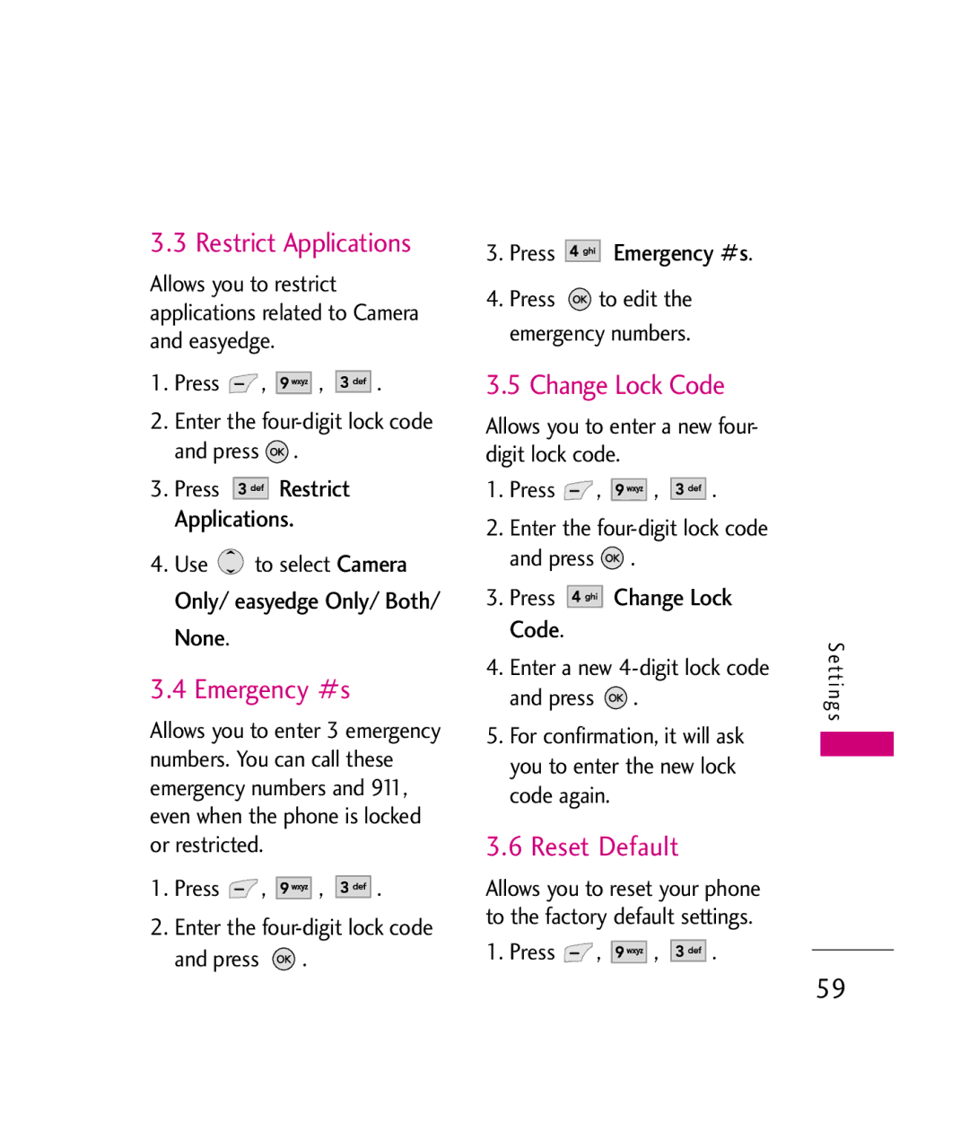 LG Electronics UX380 manual Restrict Applications, Emergency #s, Change Lock Code, Reset Default 