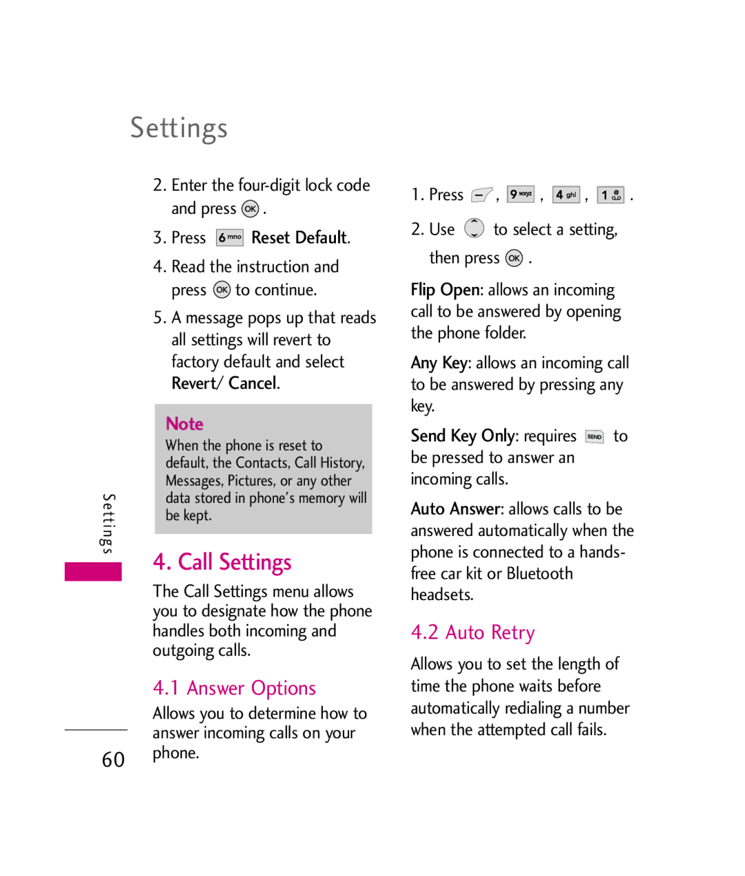 LG Electronics UX380 manual Call Settings, Answer Options, Auto Retry 