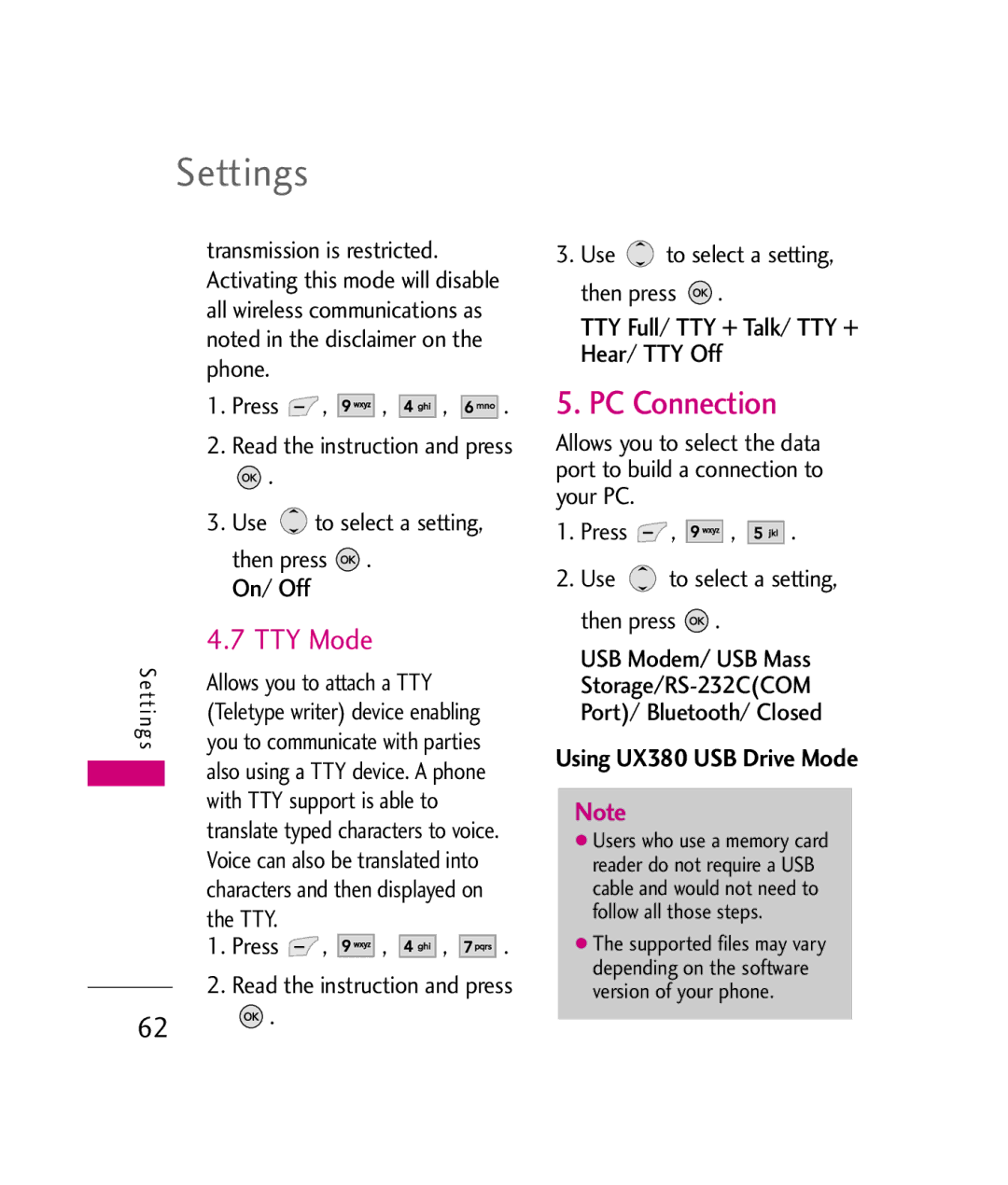 LG Electronics manual PC Connection, TTY Full/ TTY + Talk/ TTY + Hear/ TTY Off, Using UX380 USB Drive Mode 