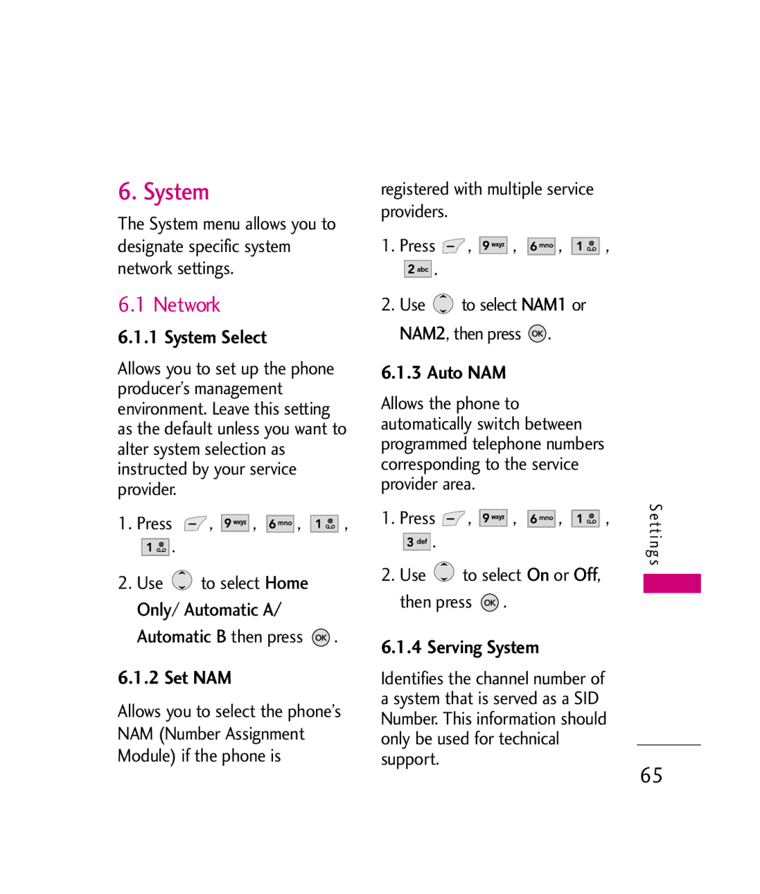 LG Electronics UX380 manual Network, System Select, Auto NAM, Set NAM 