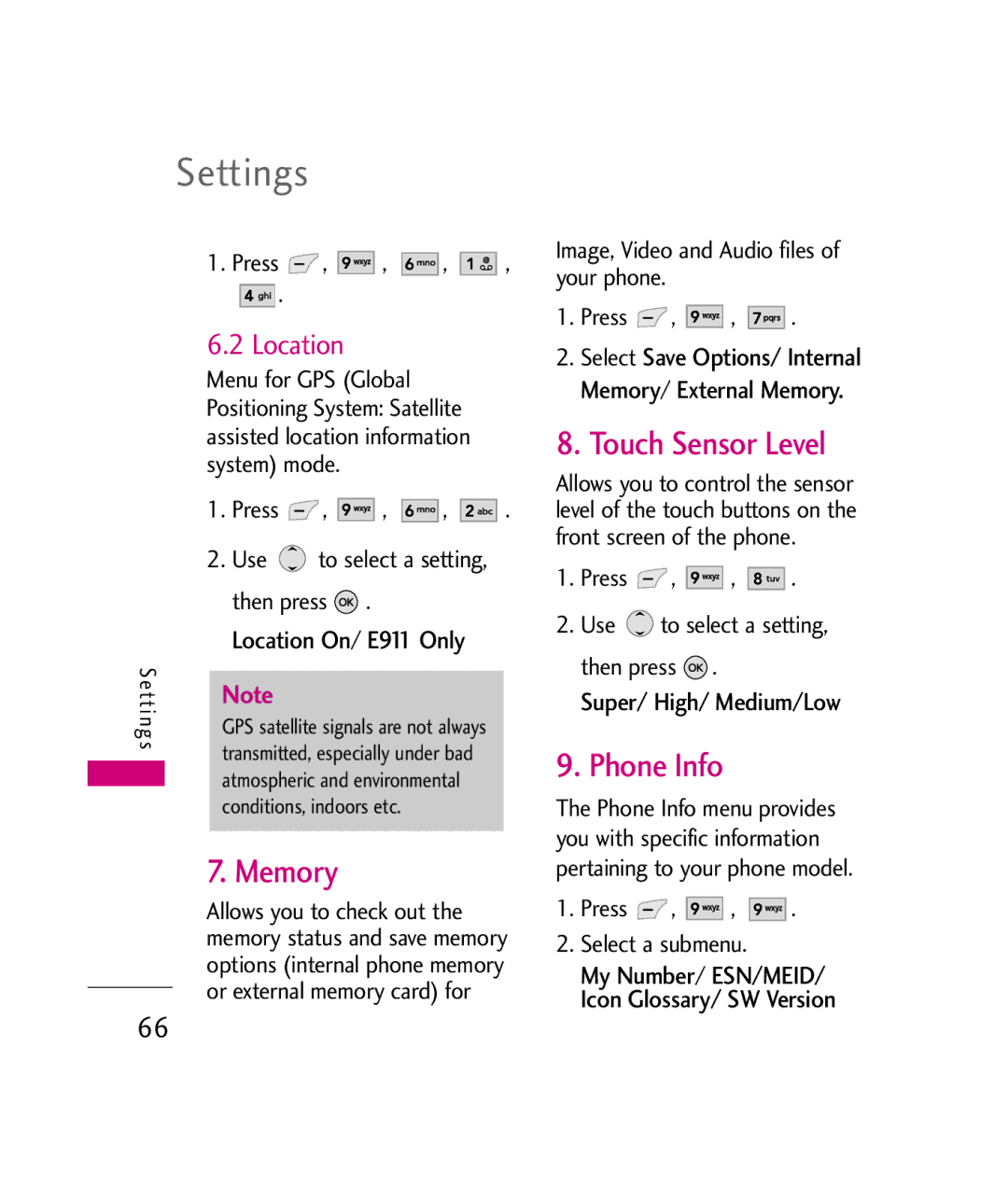 LG Electronics UX380 manual Memory, Touch Sensor Level, Phone Info, Location, Super/ High/ Medium/Low 