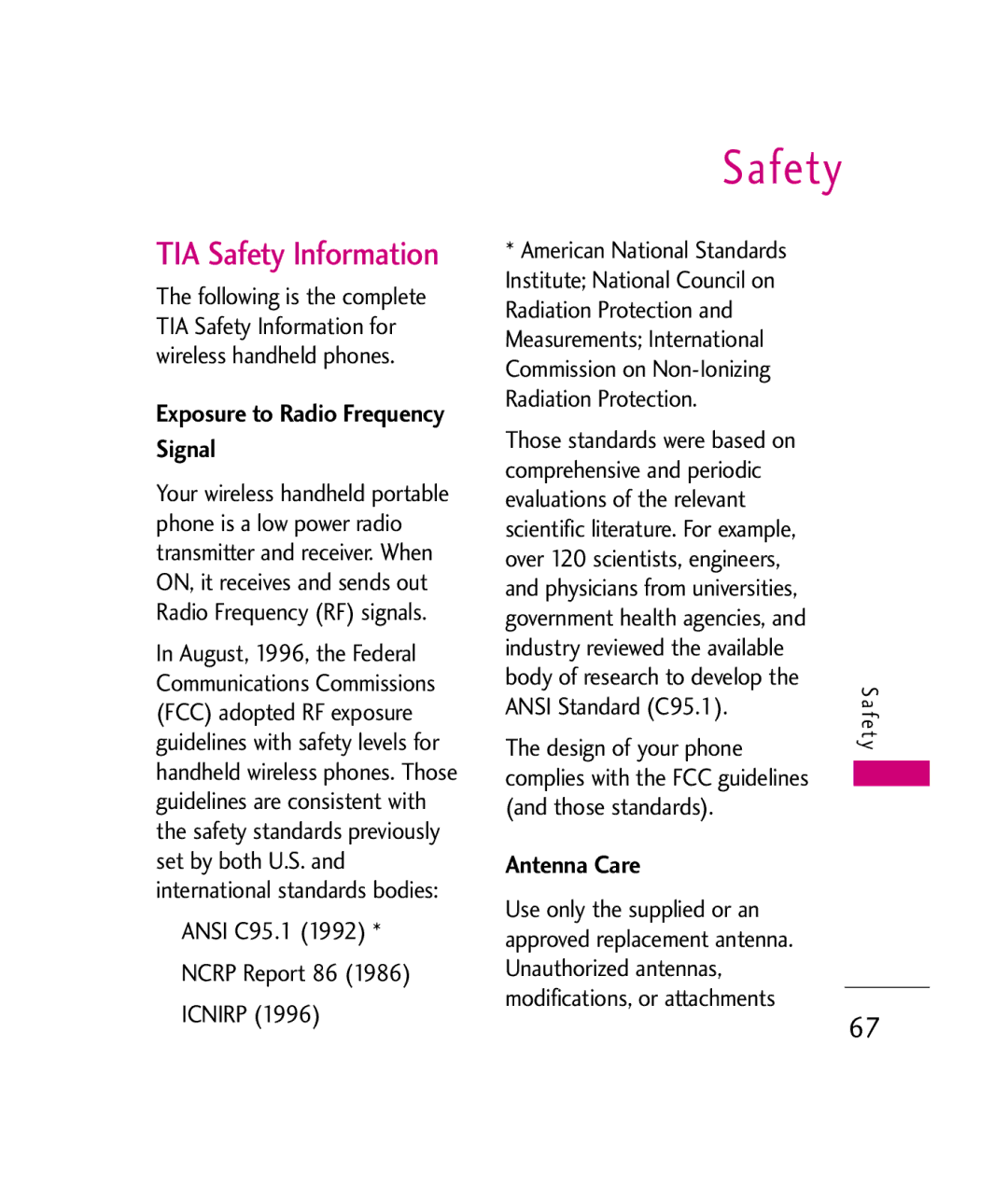 LG Electronics UX380 manual TIA Safety Information, Exposure to Radio Frequency Signal, Antenna Care 