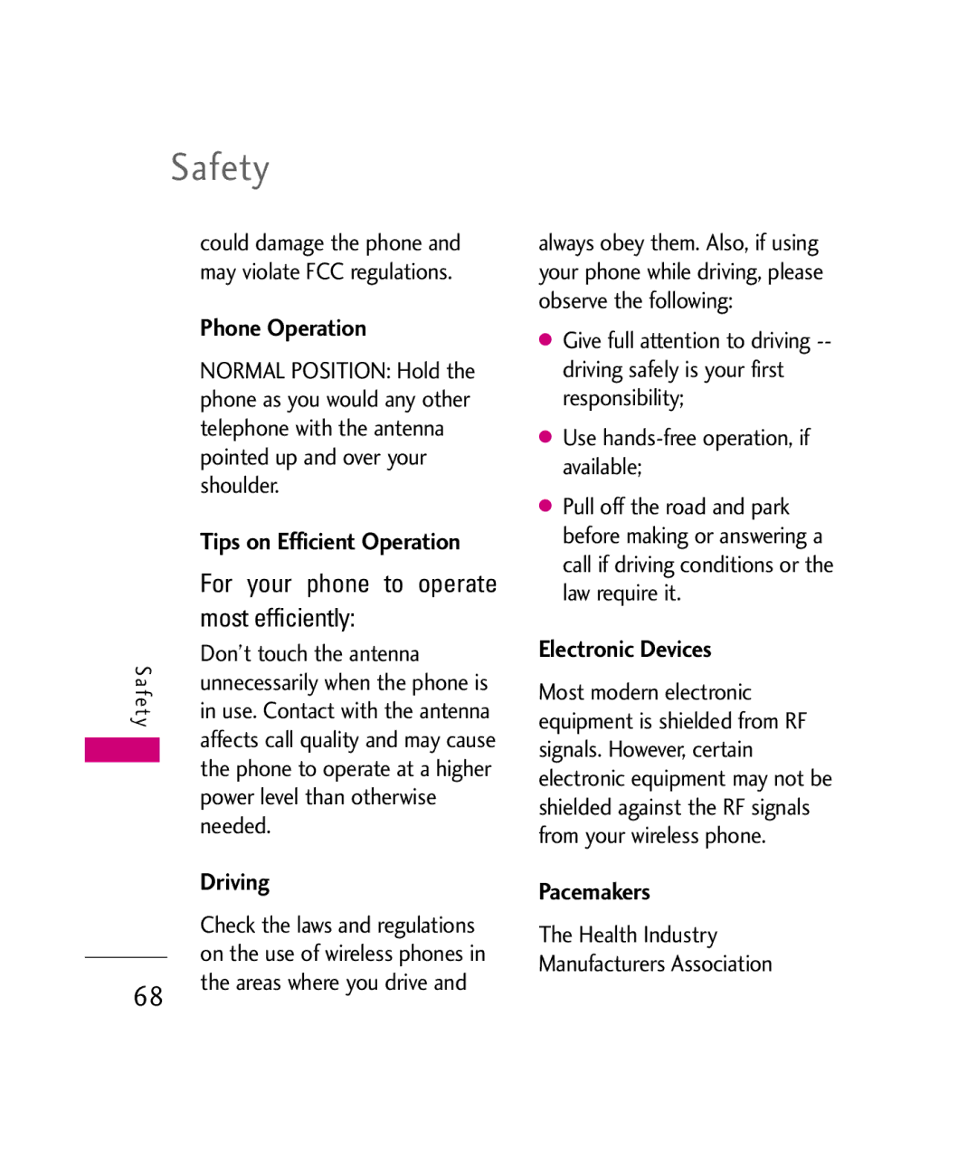 LG Electronics UX380 manual Safety, Phone Operation, Driving, Electronic Devices, Pacemakers 