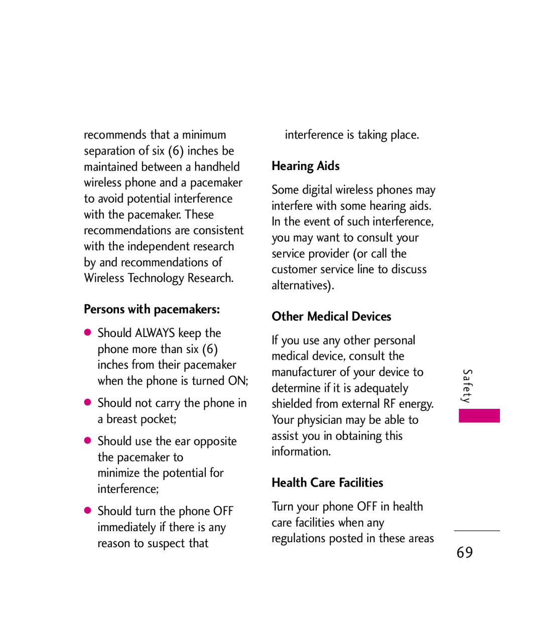 LG Electronics UX380 manual Persons with pacemakers, Hearing Aids, Other Medical Devices, Health Care Facilities 