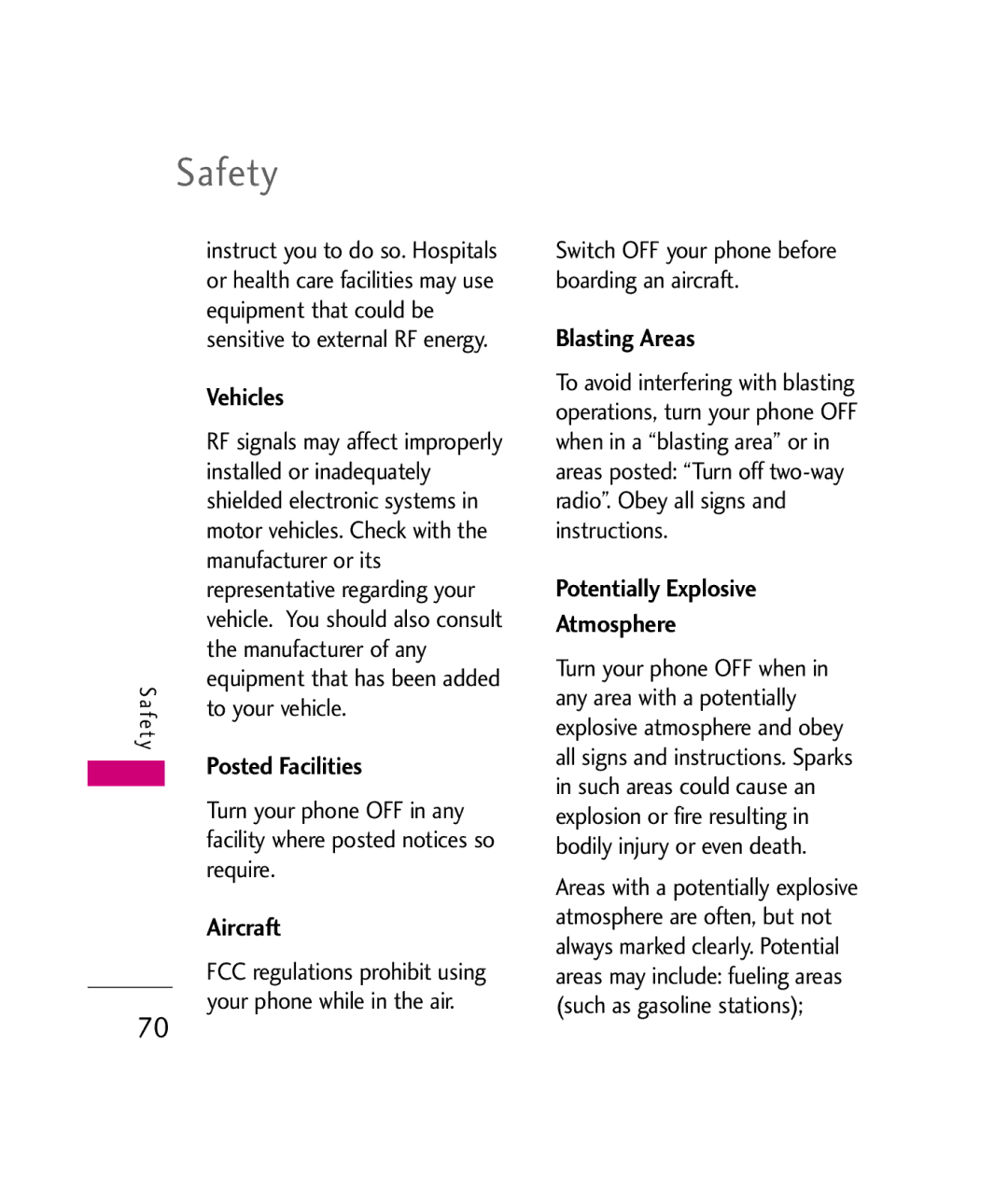 LG Electronics UX380 manual Vehicles, Posted Facilities, Aircraft, Blasting Areas, Potentially Explosive Atmosphere 