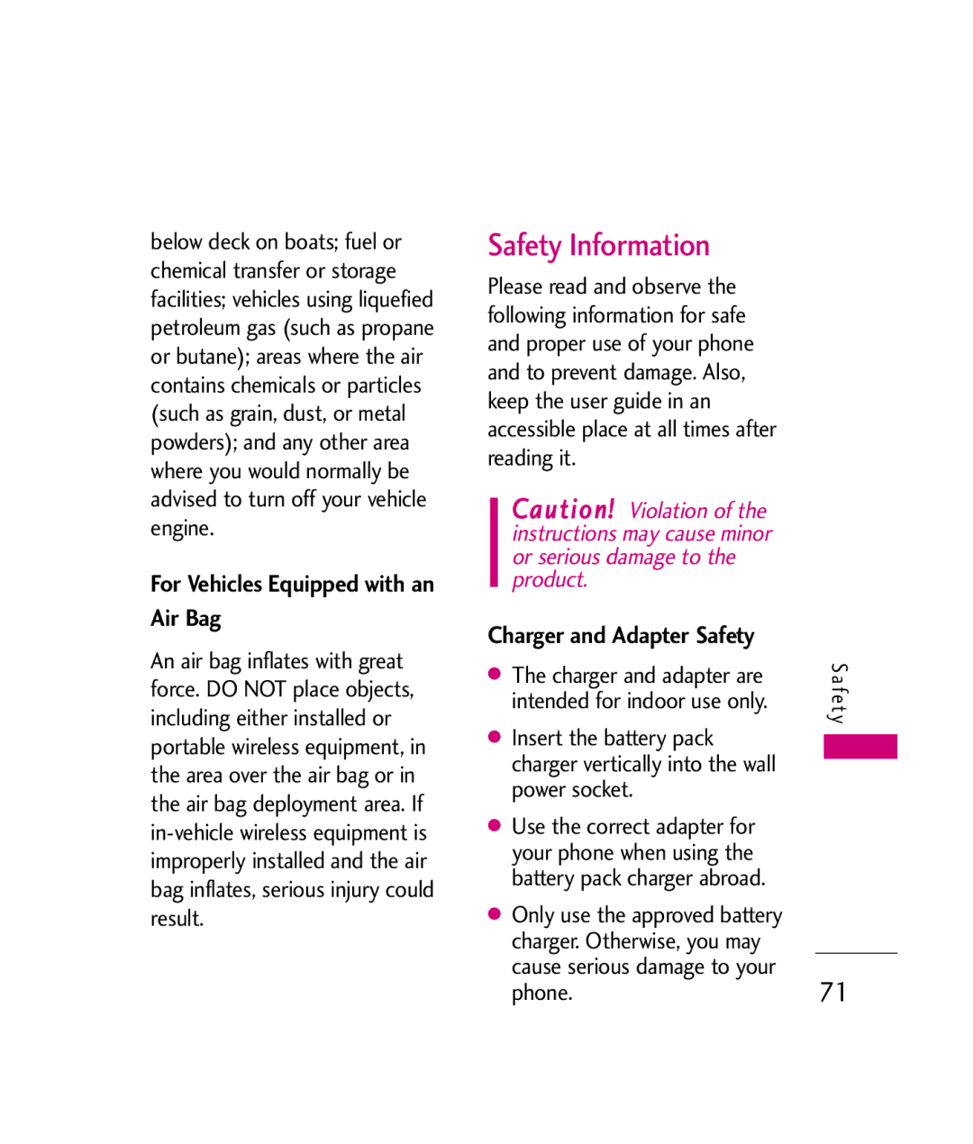 LG Electronics UX380 manual Safety Information, For Vehicles Equipped with an Air Bag 