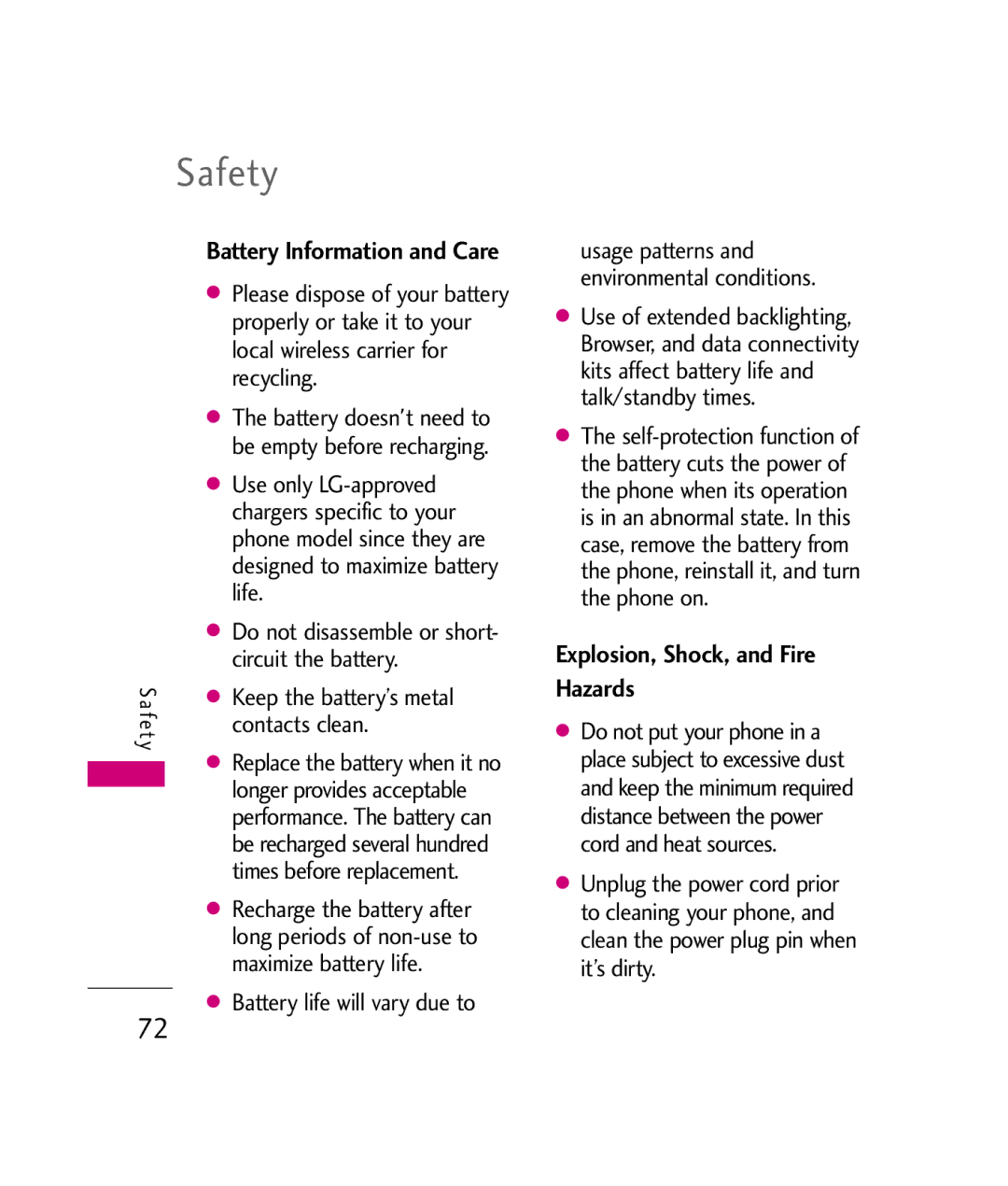 LG Electronics UX380 manual Explosion, Shock, and Fire Hazards 