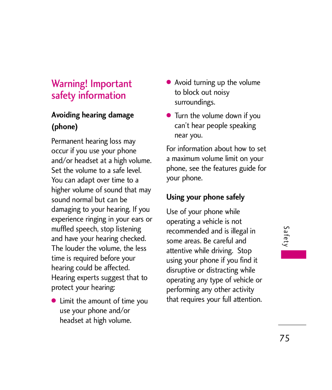 LG Electronics UX380 manual Avoiding hearing damage phone, Using your phone safely 