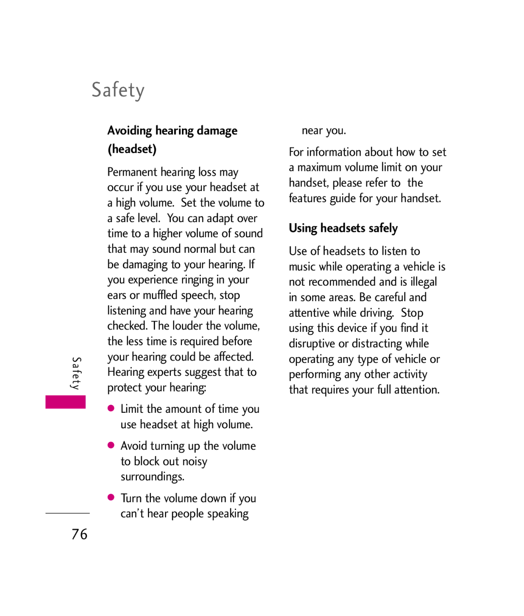 LG Electronics UX380 manual Avoiding hearing damage headset, Using headsets safely 