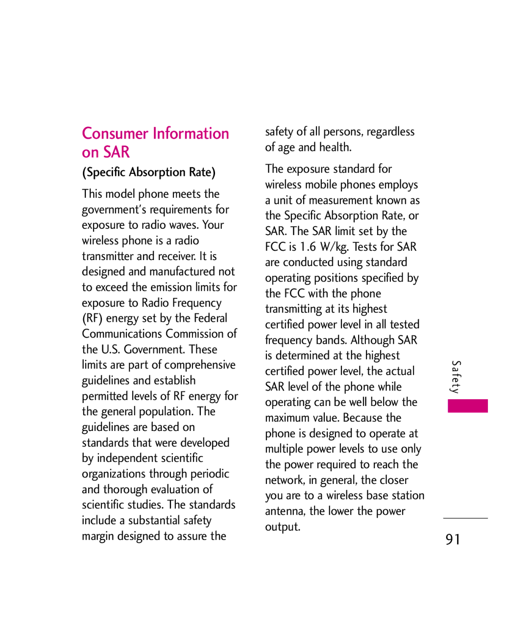 LG Electronics UX380 manual Consumer Information on SAR, Specific Absorption Rate 