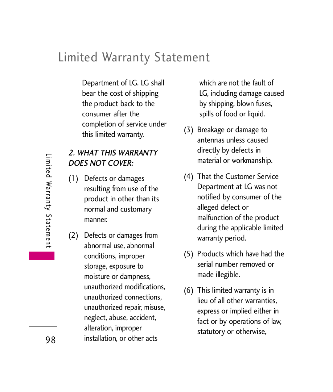 LG Electronics UX380 manual Limited Warranty Statement 