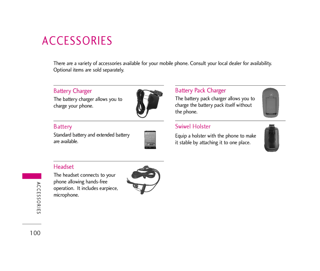 LG Electronics UX390 manual Accessories, Battery charger allows you to charge your phone 