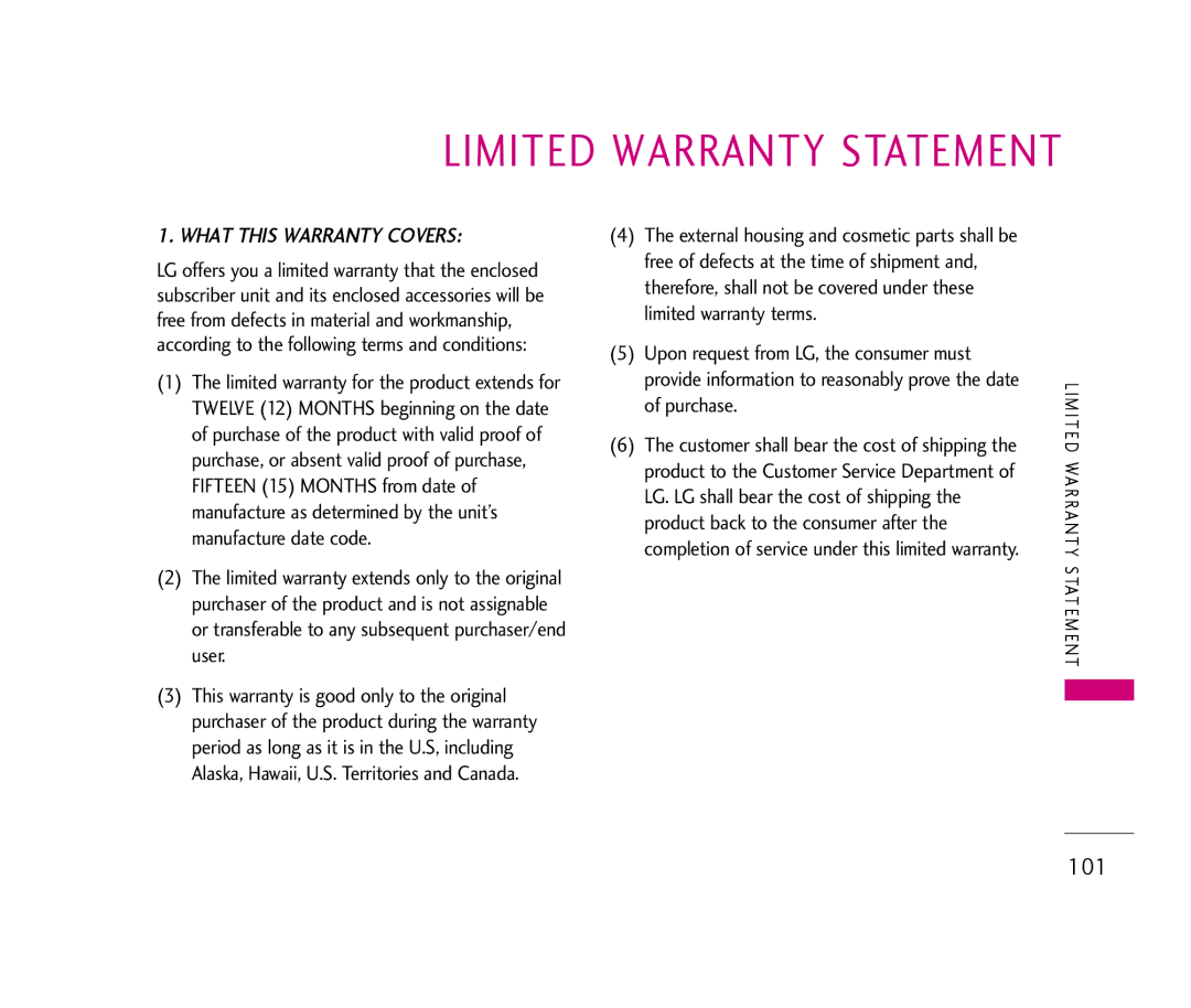 LG Electronics UX390 manual Limited Warranty Statement 