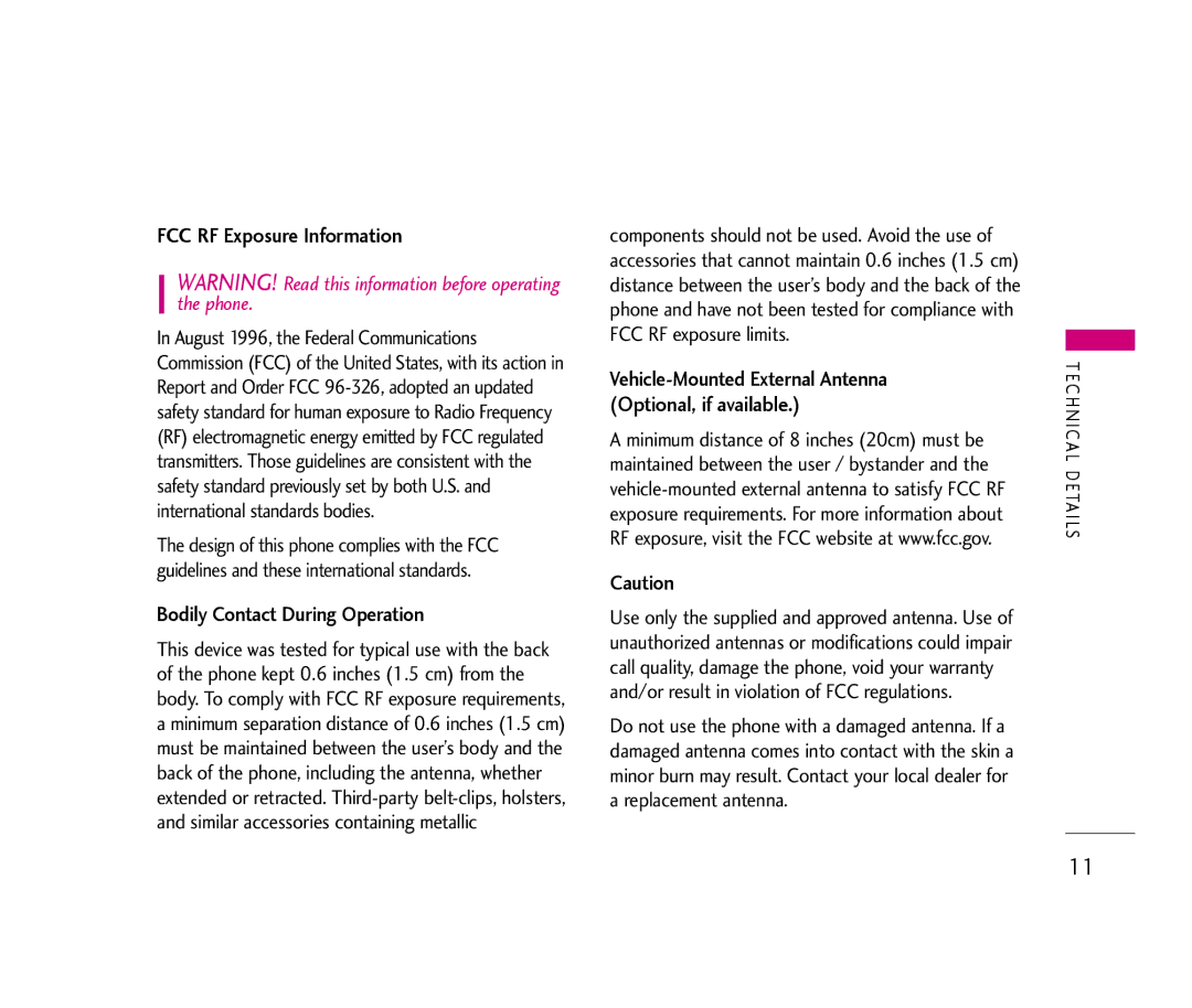 LG Electronics UX390 manual FCC RF Exposure Information, Bodily Contact During Operation 