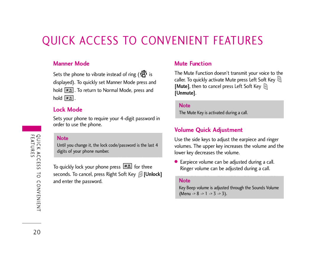 LG Electronics UX390 manual Manner Mode, Lock Mode, Mute Function, Volume Quick Adjustment 