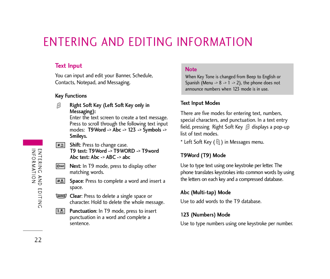 LG Electronics UX390 manual Entering and Editing Information, Text Input 