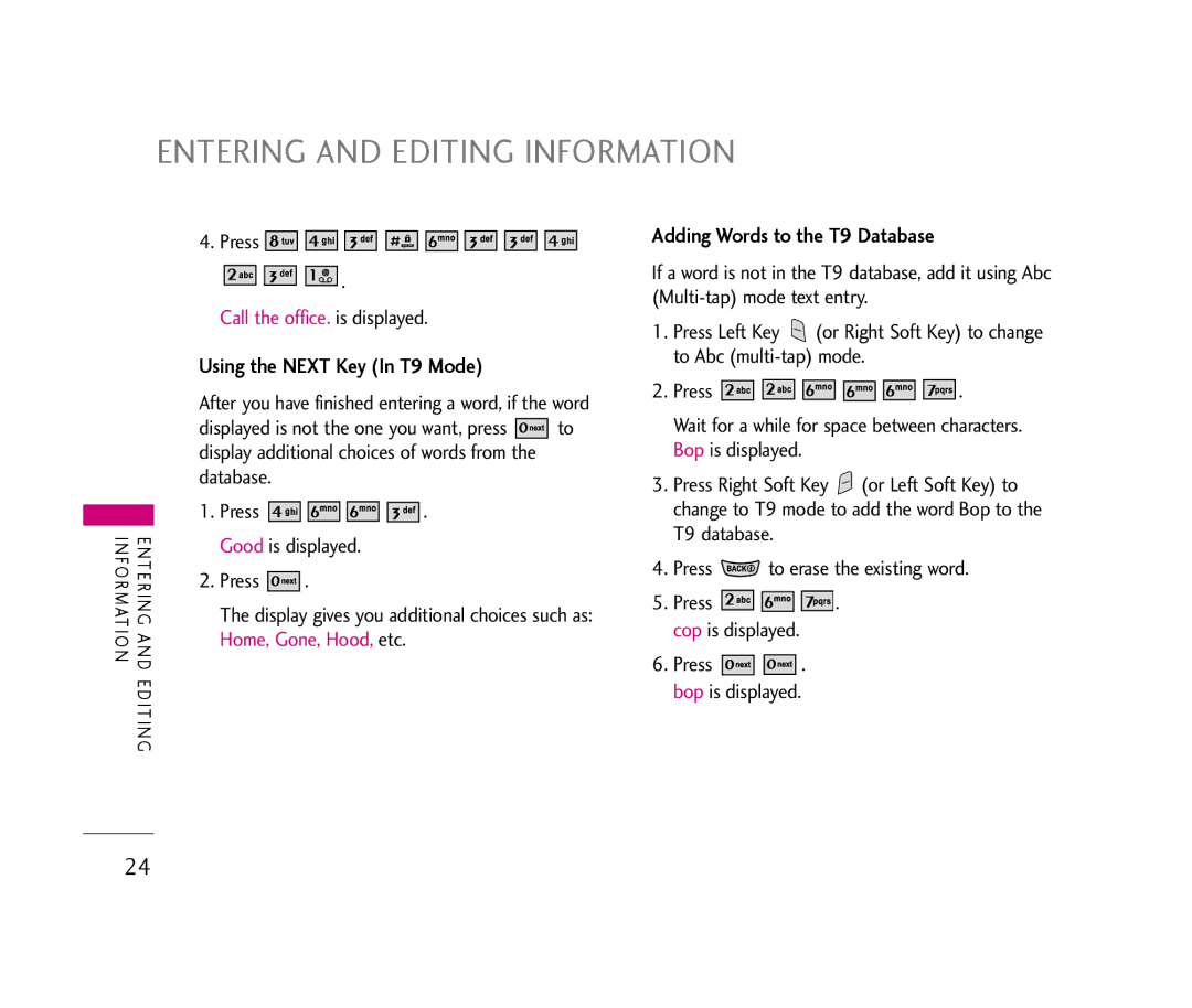 LG Electronics UX390 Entering and Editing Information, Using the Next Key In T9 Mode, Adding Words to the T9 Database 