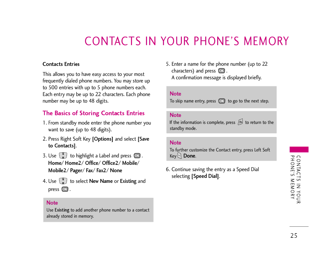 LG Electronics UX390 manual Basics of Storing Contacts Entries 