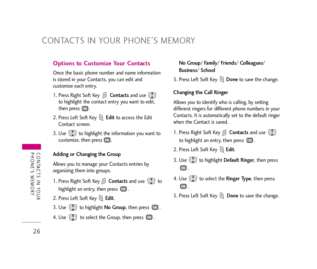 LG Electronics UX390 Contacts in Your PHONE’S Memory, Options to Customize Your Contacts, Adding or Changing the Group 