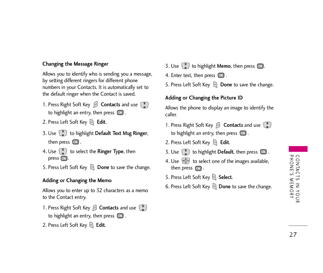 LG Electronics UX390 manual Changing the Message Ringer, Adding or Changing the Memo, Adding or Changing the Picture ID 