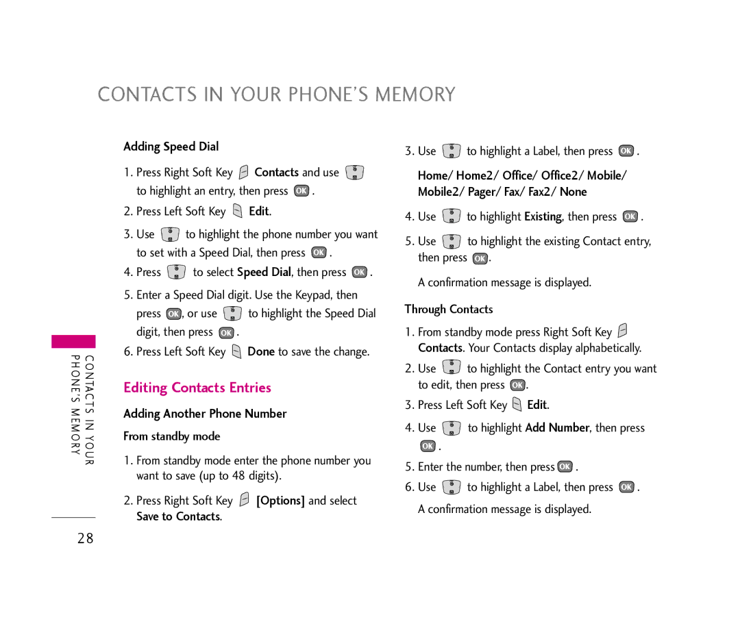 LG Electronics UX390 manual Editing Contacts Entries, Adding Speed Dial, Adding Another Phone Number 