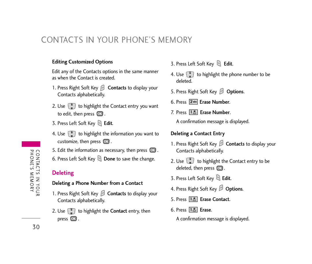 LG Electronics UX390 Editing Customized Options, Deleting a Phone Number from a Contact, Deleting a Contact Entry 