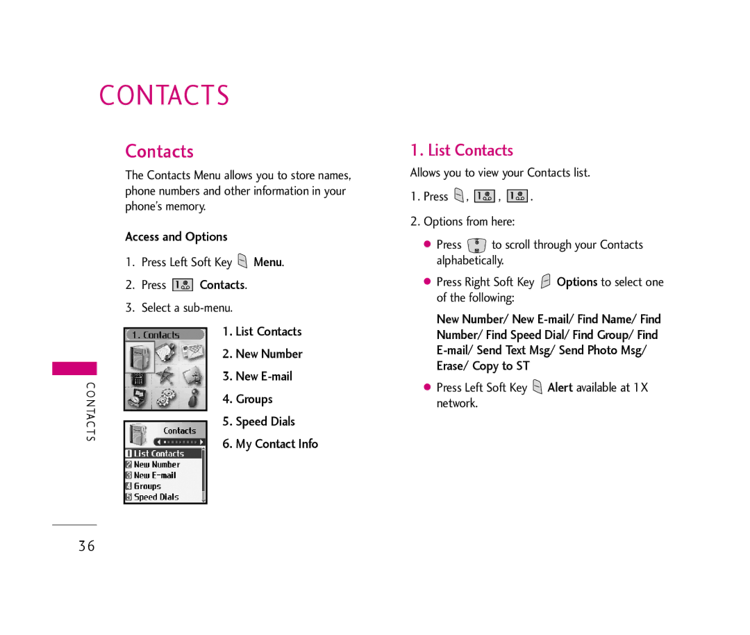 LG Electronics UX390 manual List Contacts, Access and Options 