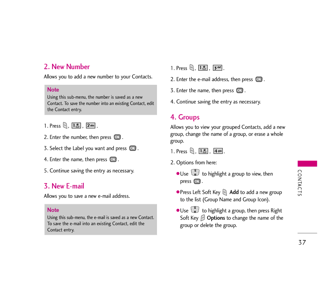 LG Electronics UX390 manual New Number, New E-mail, Groups, Allows you to save a new e-mail address 