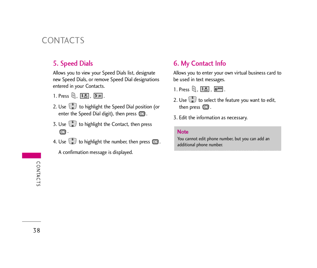 LG Electronics UX390 manual Contacts, Speed Dials, My Contact Info 