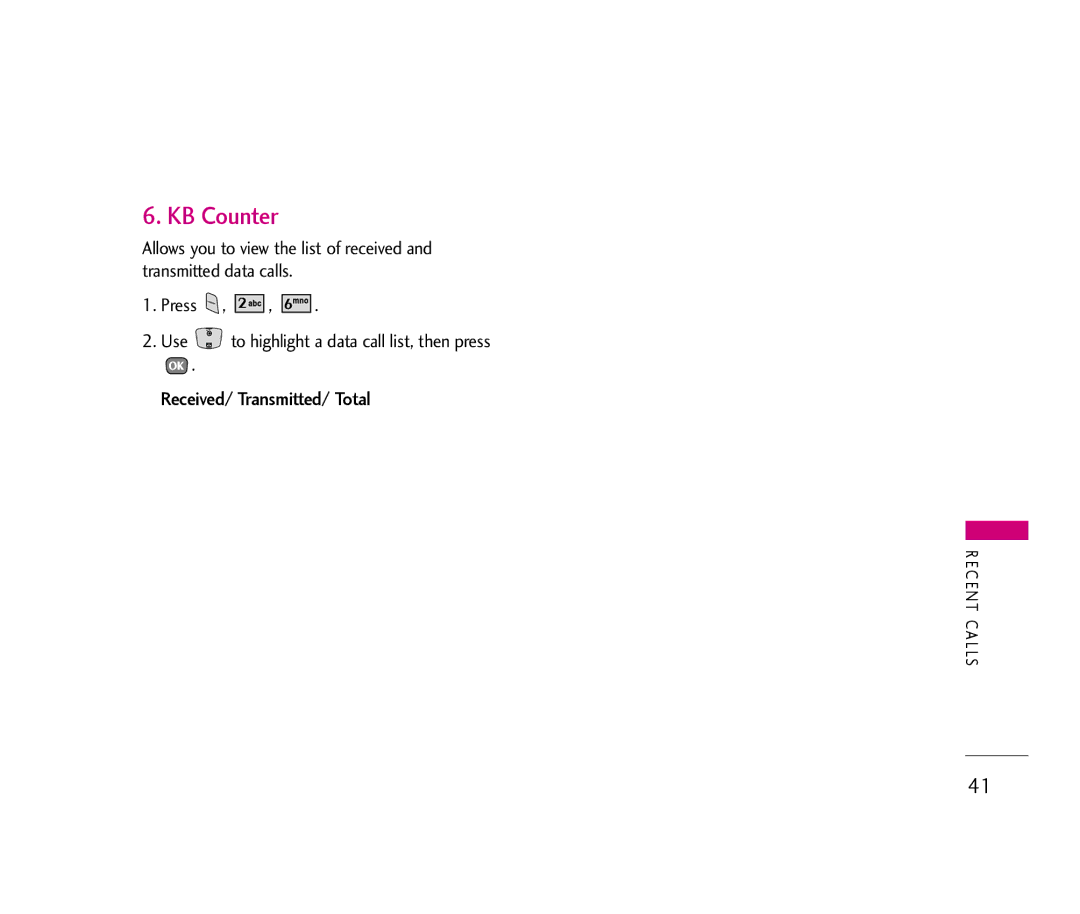 LG Electronics UX390 manual KB Counter, Received/ Transmitted/ Total 