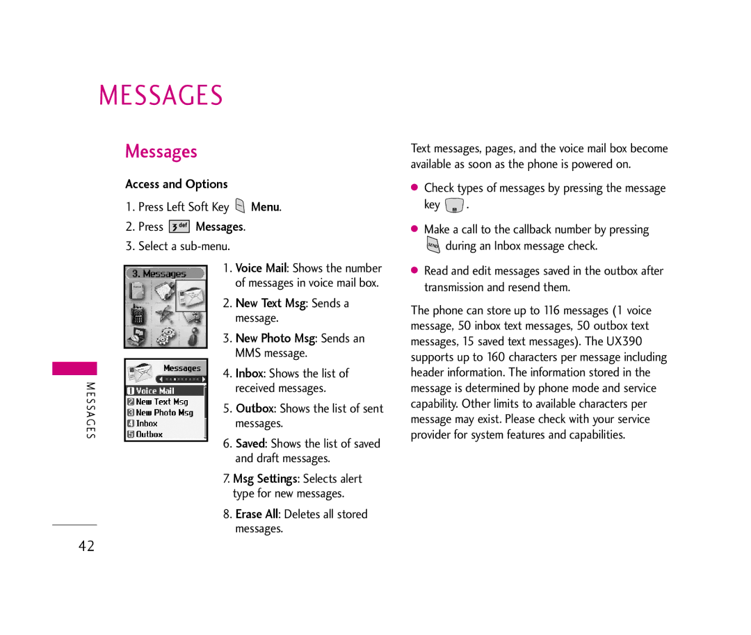 LG Electronics UX390 manual Press Messages, Draft messages, Erase All Deletes all stored messages 