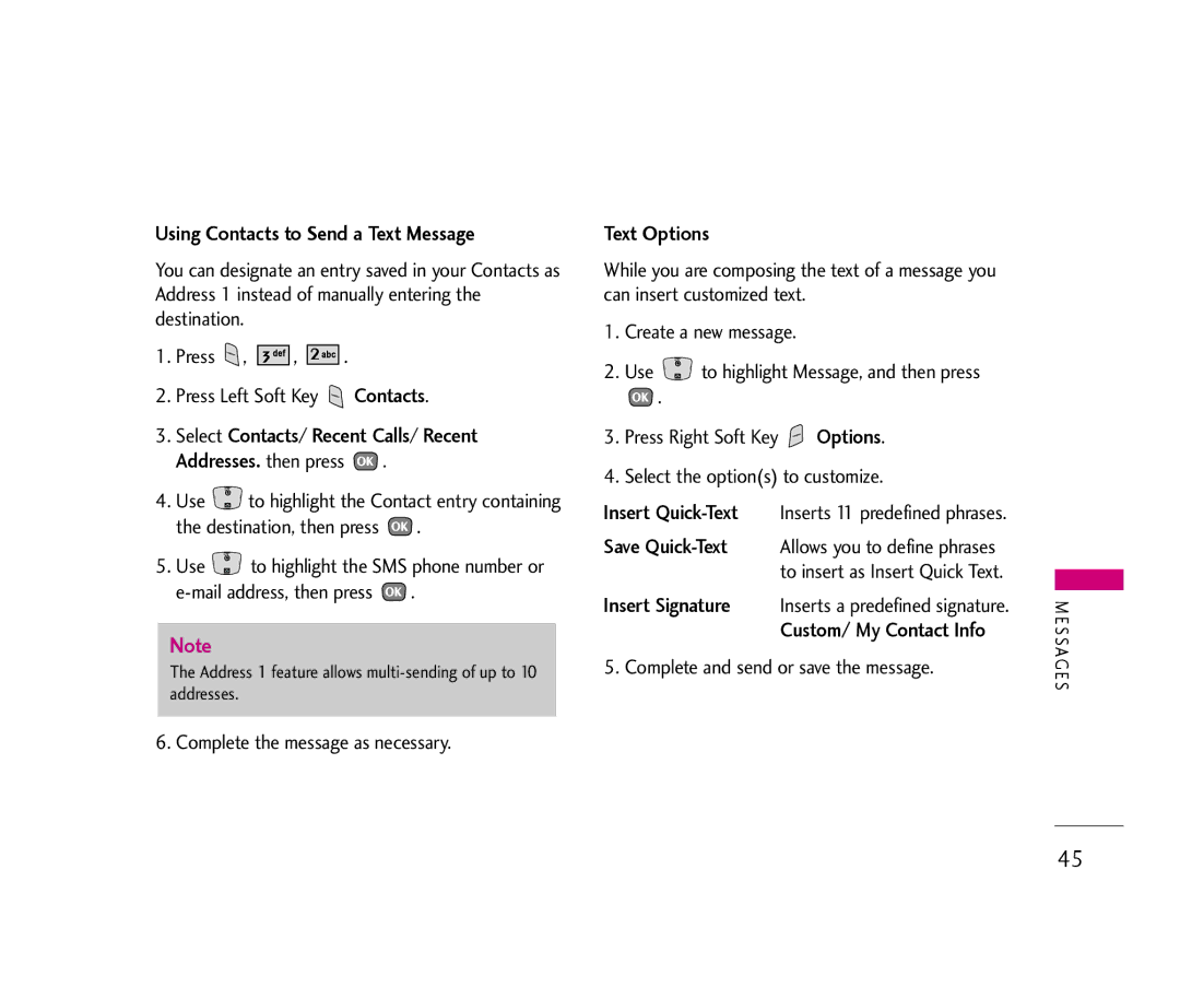 LG Electronics UX390 manual Using Contacts to Send a Text Message, Text Options, Complete the message as necessary 