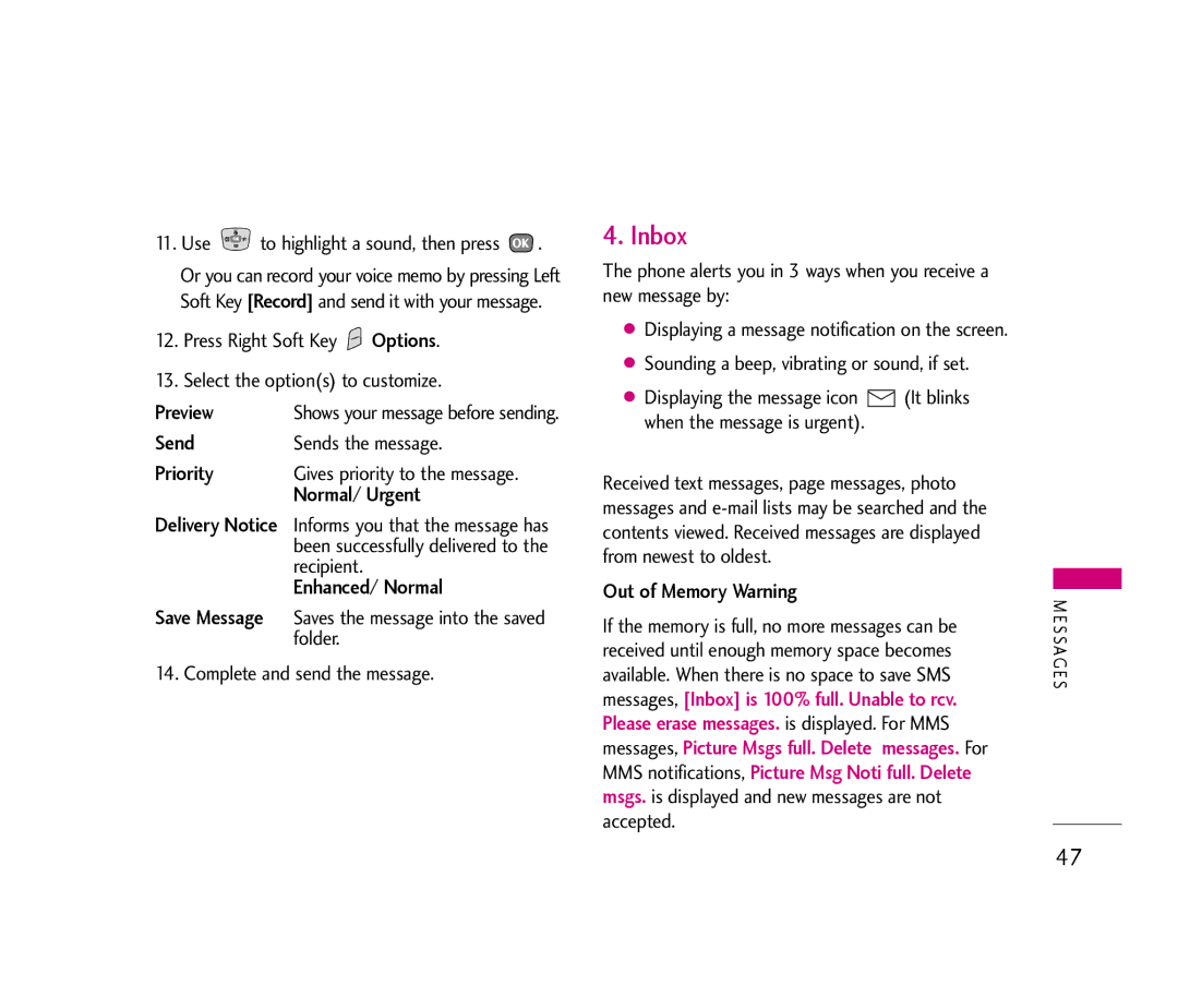 LG Electronics UX390 manual Inbox, Preview, Out of Memory Warning, Gives priority to the message 
