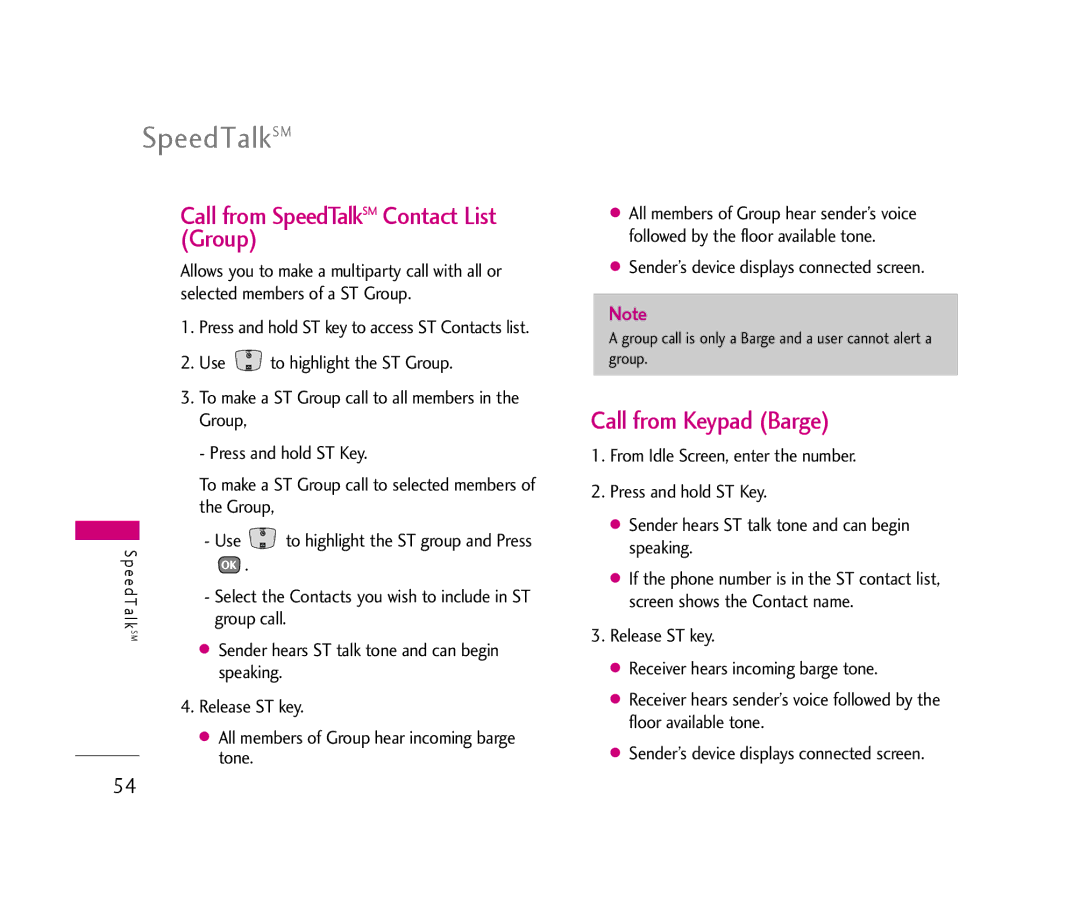 LG Electronics UX390 manual Call from SpeedTalkSM Contact List Group, Call from Keypad Barge, Group call 