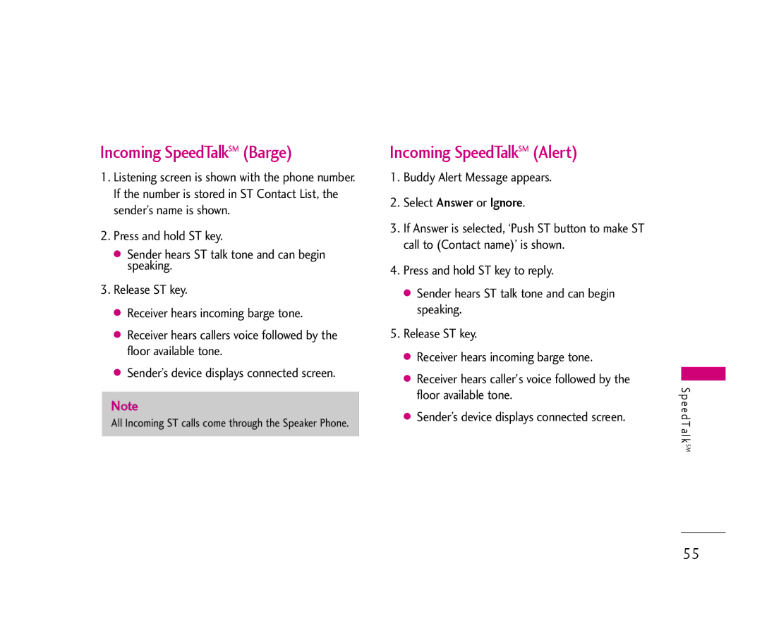 LG Electronics UX390 manual Incoming SpeedTalkSM Barge, Incoming SpeedTalkSM Alert 