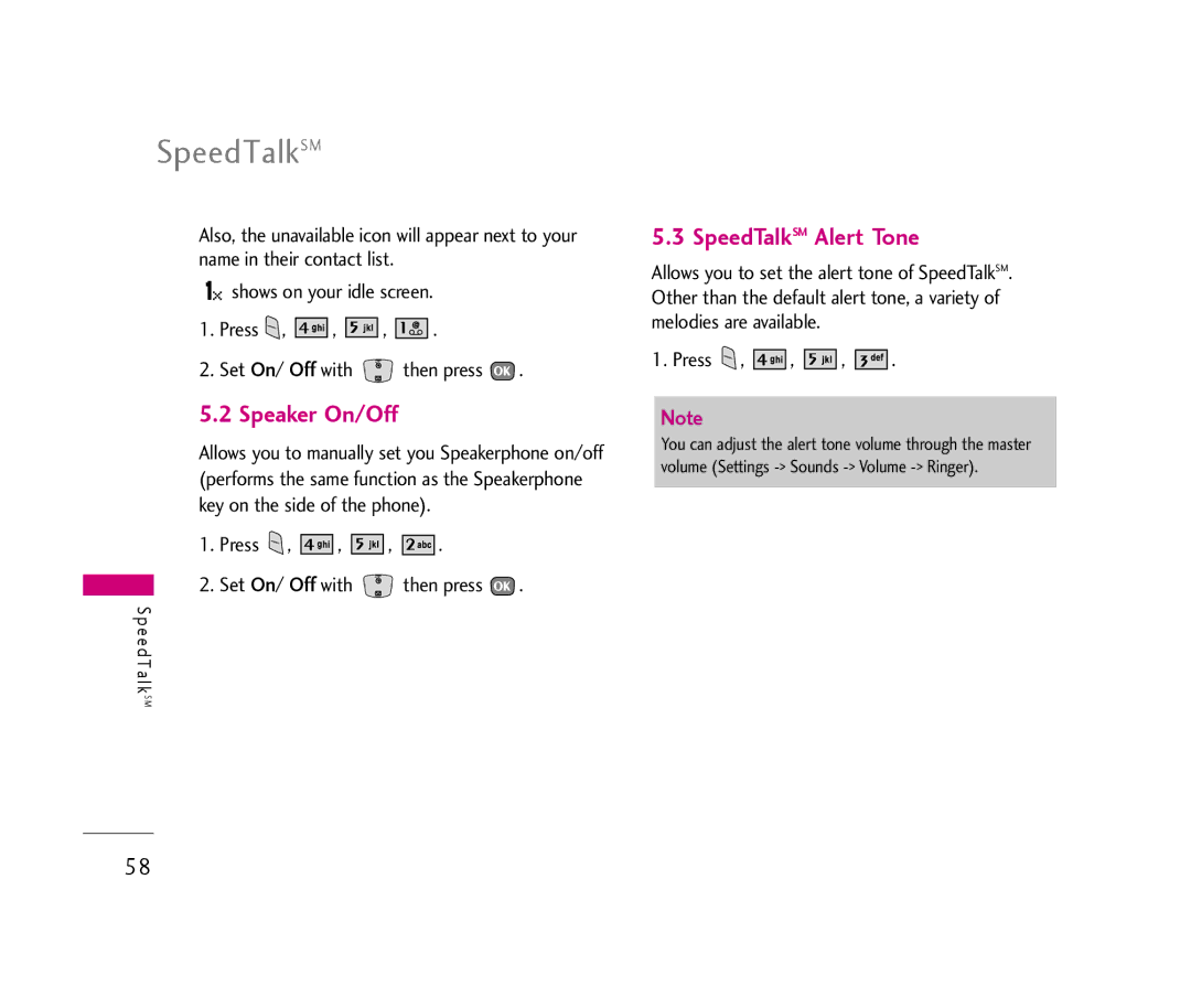 LG Electronics UX390 manual Speaker On/Off, SpeedTalkSM Alert Tone, Press Set On/ Off with then press 