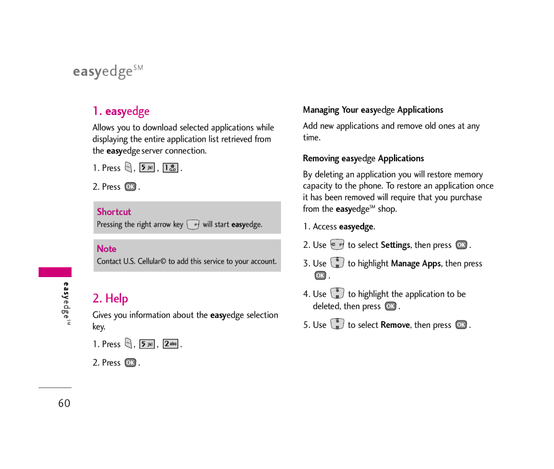 LG Electronics UX390 manual Help, Managing Your easyedge Applications, Removing easyedge Applications, Key Press 