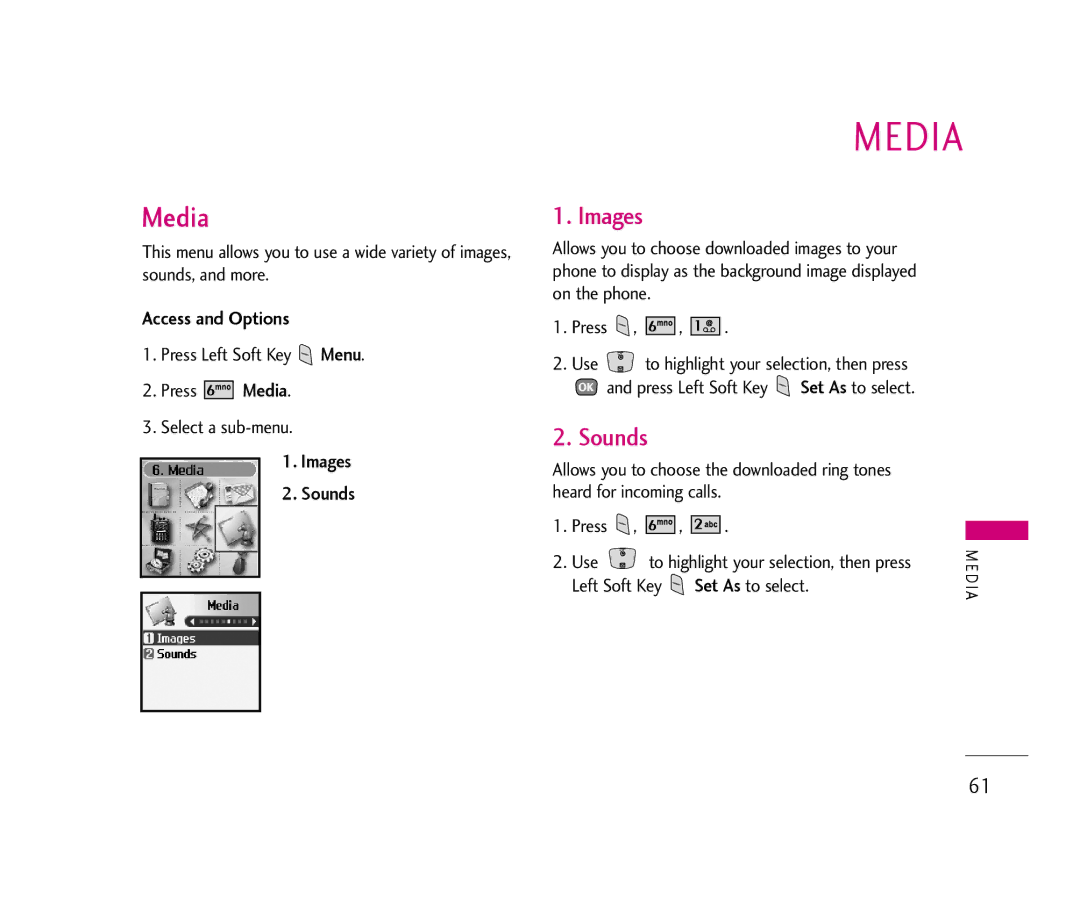 LG Electronics UX390 manual Media, Images Sounds 