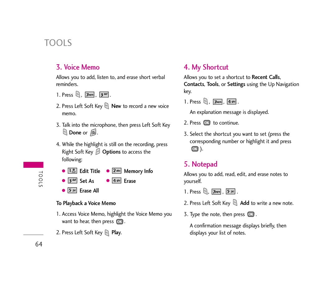 LG Electronics UX390 manual Tools, My Shortcut, Done or, Erase All To Playback a Voice Memo 