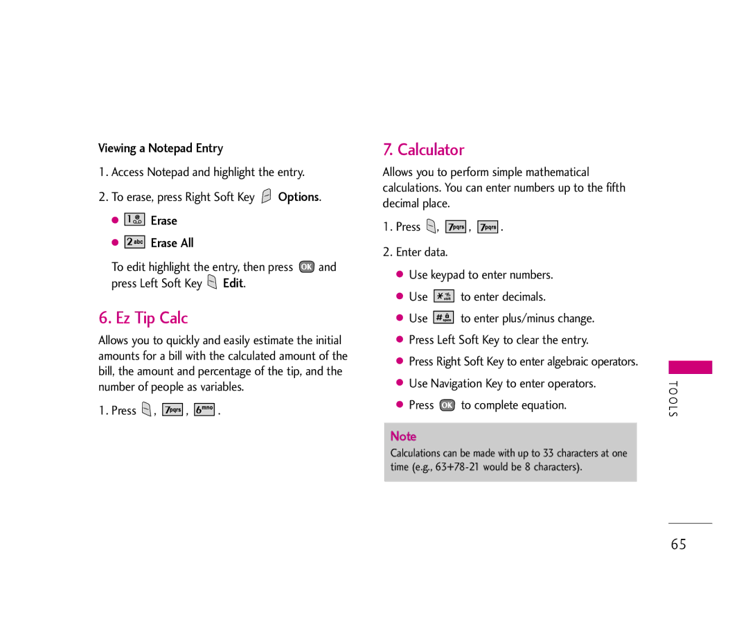 LG Electronics UX390 manual Ez Tip Calc, Calculator, Viewing a Notepad Entry, Erase Erase All 