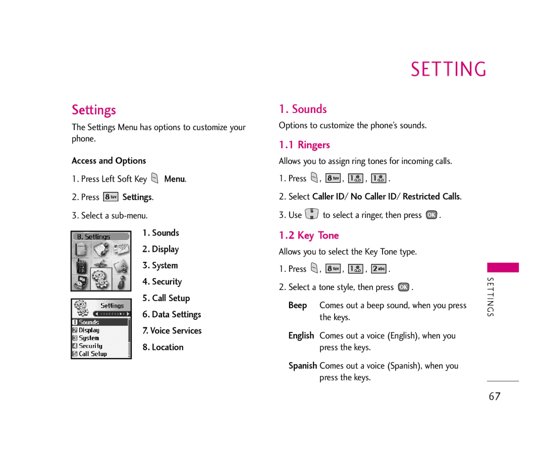 LG Electronics UX390 manual Setting, Ringers, Key Tone 