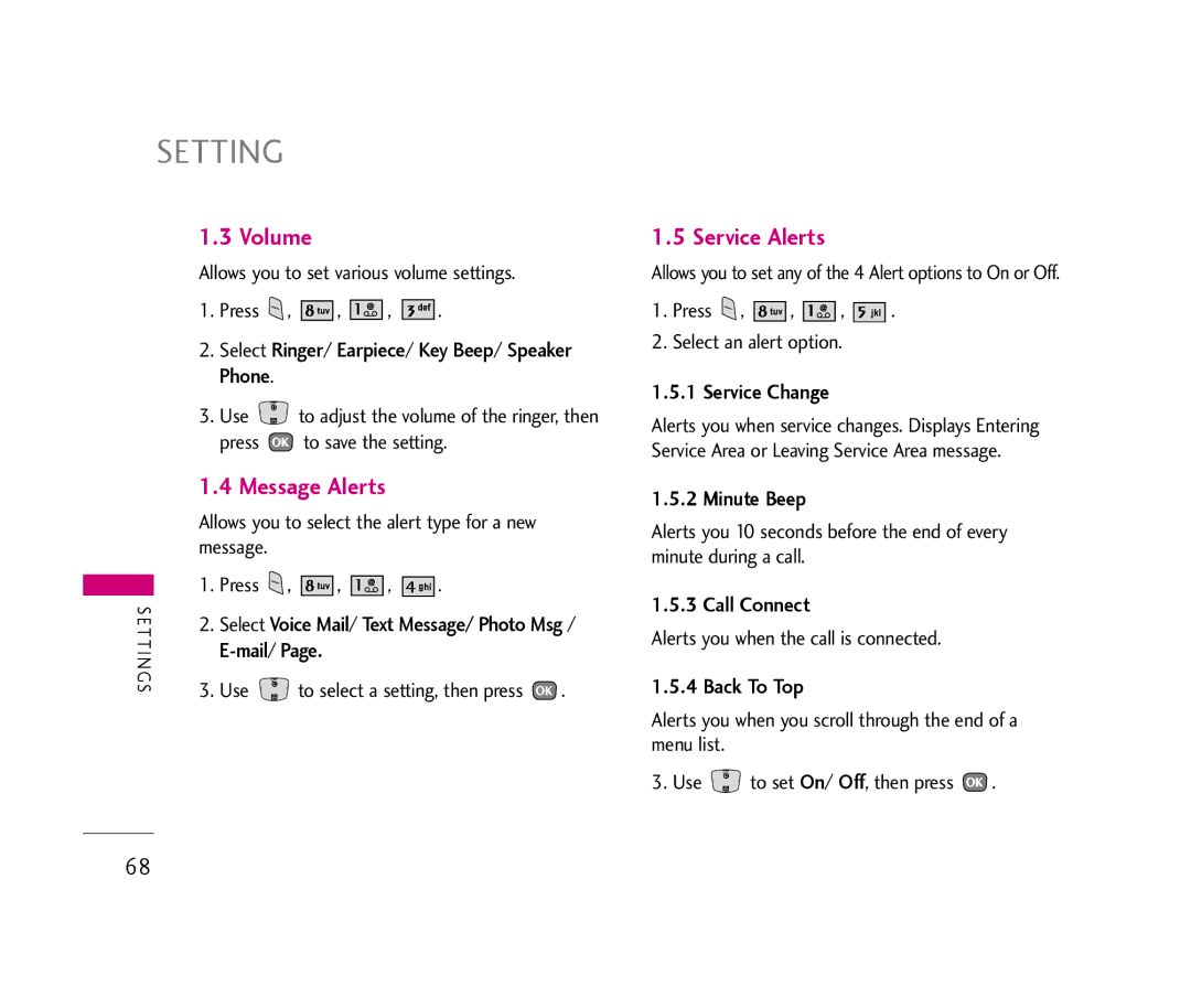 LG Electronics UX390 manual Setting, Volume, Message Alerts, Service Alerts 