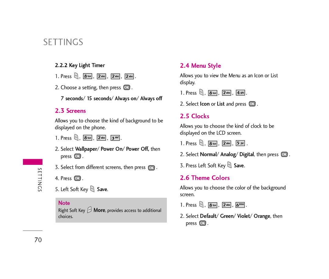 LG Electronics UX390 manual Settings, Screens, Menu Style, Clocks, Theme Colors 