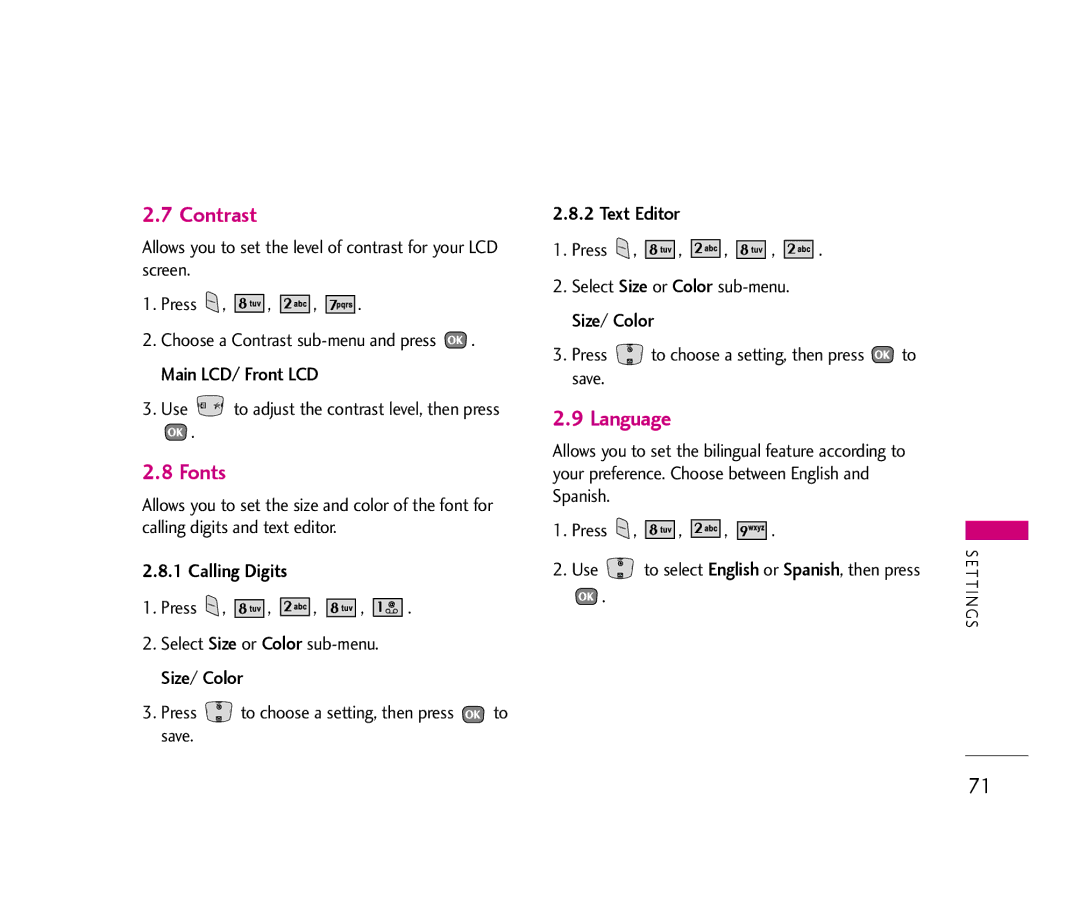 LG Electronics UX390 manual Contrast, Fonts, Language, Calling Digits, Text Editor 