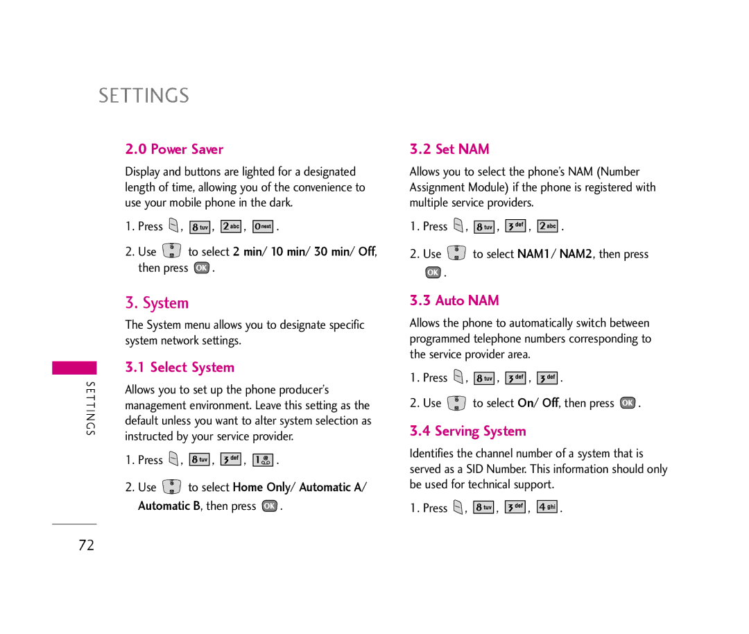 LG Electronics UX390 manual Power Saver, Set NAM, Auto NAM, Serving System 