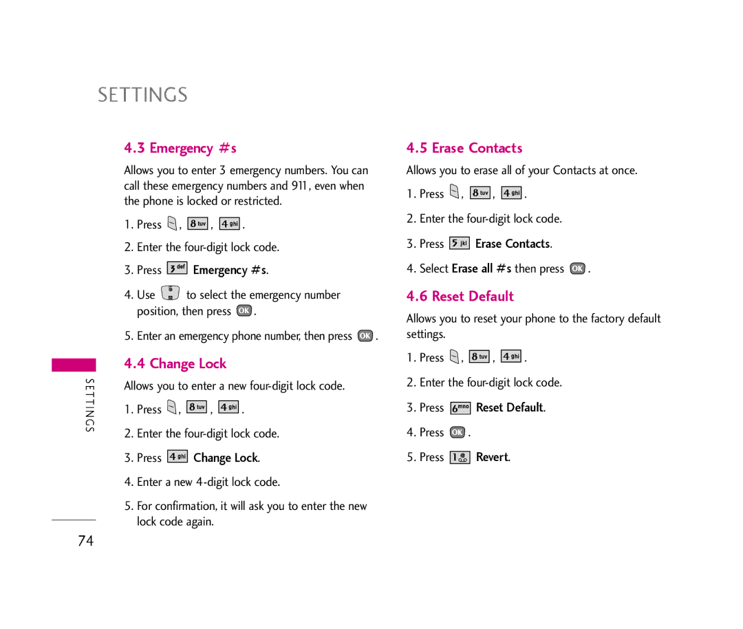 LG Electronics UX390 manual Emergency #s, Change Lock, Erase Contacts, Reset Default 