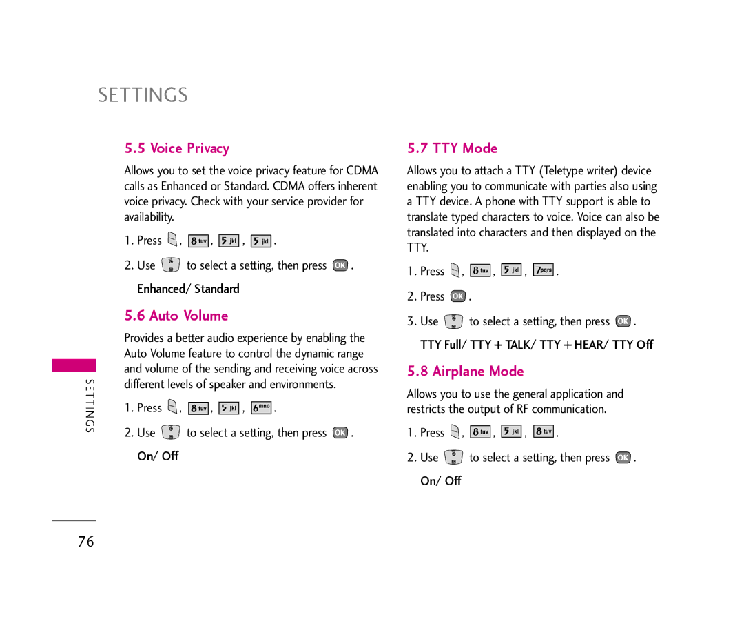 LG Electronics UX390 manual Voice Privacy, TTY Mode, Airplane Mode 